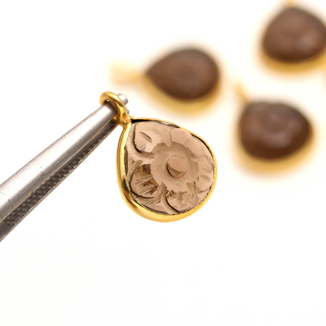 Natural Smoky Quartz Flower Pendant 12mm, 925 Sterling Silver Gold Plated Heart Shape charms