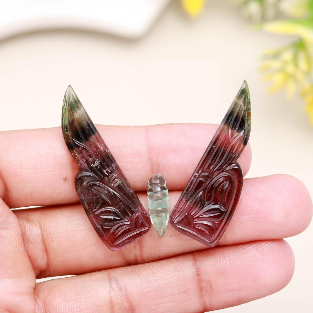 Hand Carved Watermelon Tourmaline Butterfly Cabochon: Gemstone Jewelry Making (39mm, Set of 3
