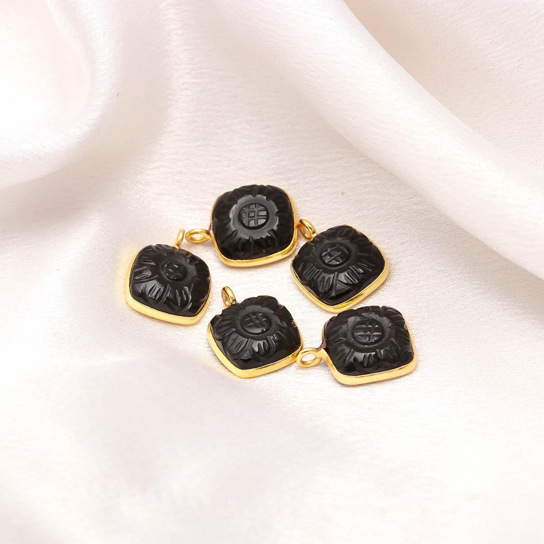 Natural Black Onyx Flower Pendant 17mm, 925 Sterling Silver Gold Plated Square Shape Charms For Jewelry