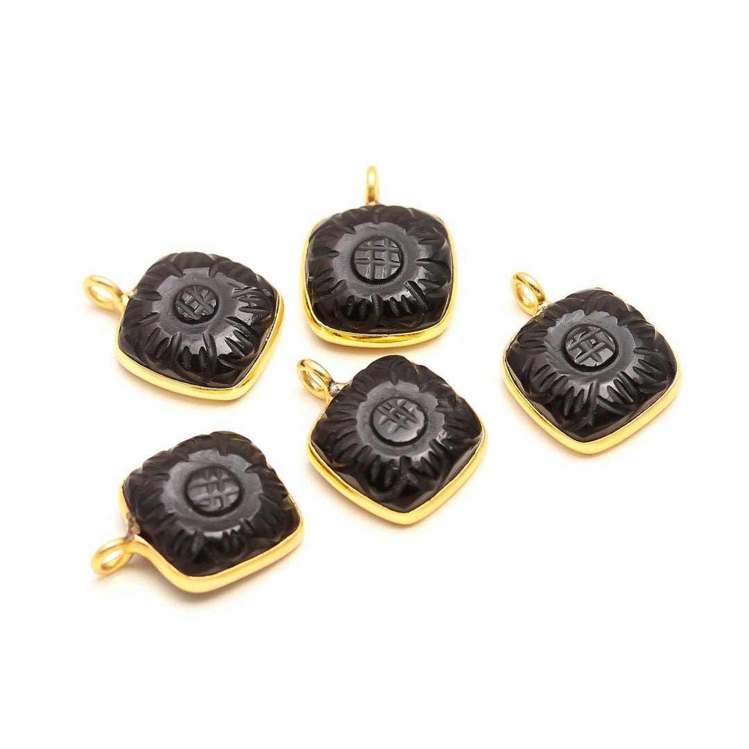 Natural Black Onyx Flower Pendant 17mm, 925 Sterling Silver Gold Plated Square Shape Charms For Jewelry