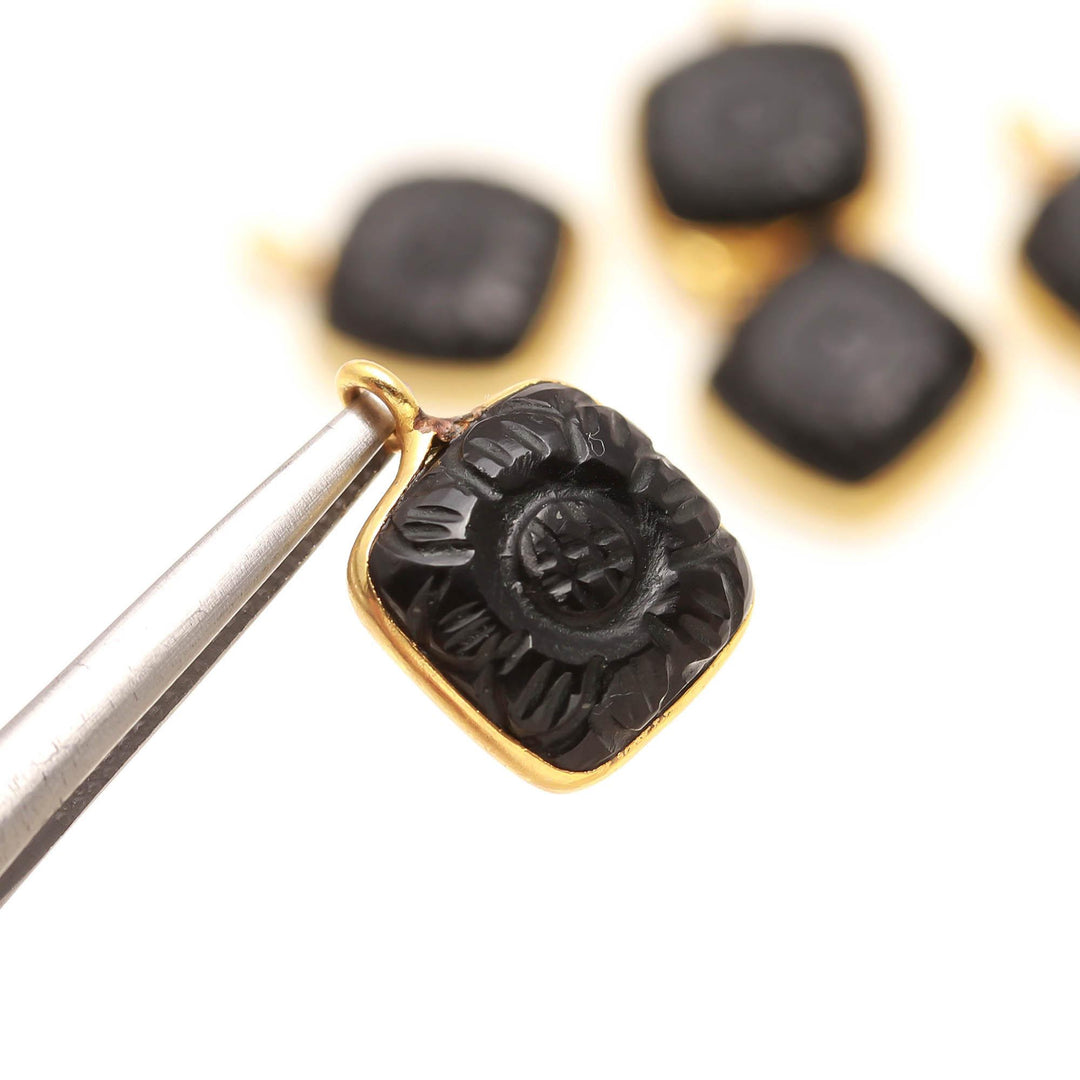 Natural Black Onyx Flower Pendant 17mm, 925 Sterling Silver Gold Plated Square Shape Charms For Jewelry