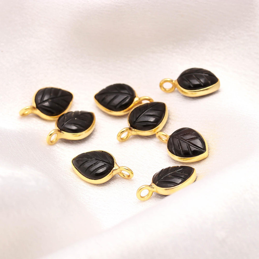 Natural Black Onyx Leaf Shape Pendant 15mm, 925 Sterling Silver Gold Plated Black Charms For Jewelry