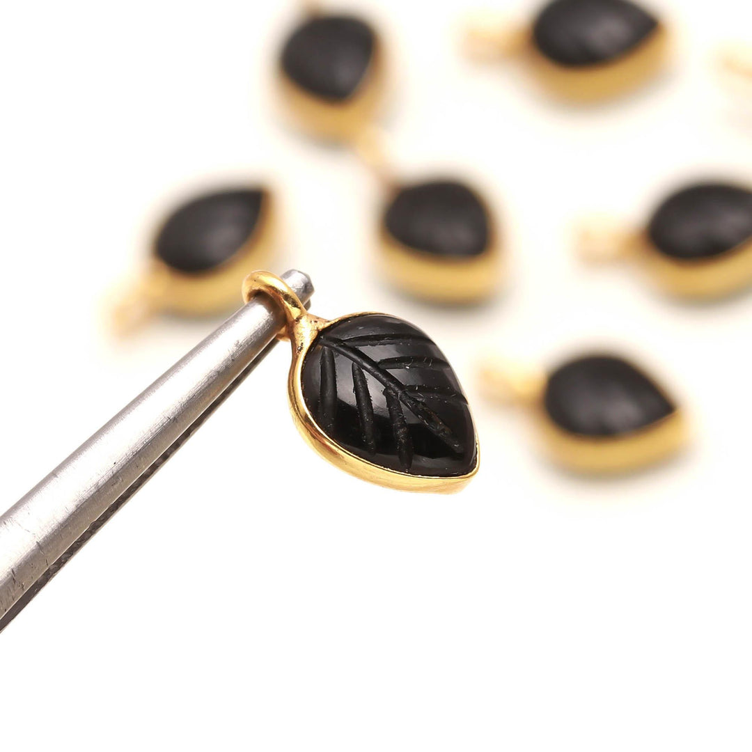 Natural Black Onyx Leaf Shape Pendant 15mm, 925 Sterling Silver Gold Plated Black Charms For Jewelry