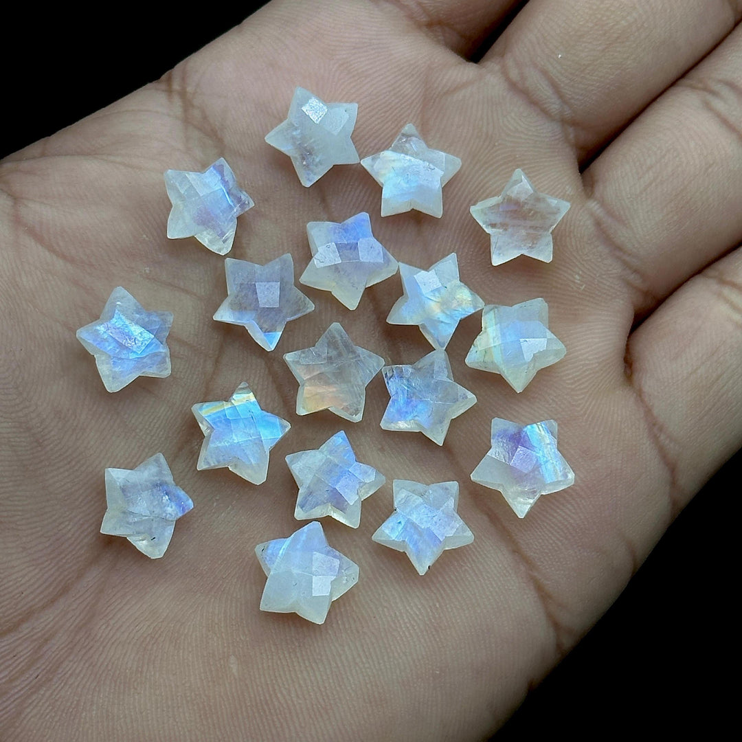 Natural Rainbow Moonstone Star Beads, Blue Flashy Carved Star Shape Briolette's, 10 MM Faceted Star Shape Charms, Loose Star Beads Crystal