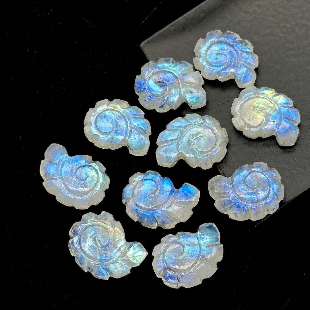 AAA+ Natural Rainbow Moonstone Carved Shell Beads, Hand Carved Snail Shell Shape Gemstone, 16 MM Flashy White Seashell Charms For Jewelry