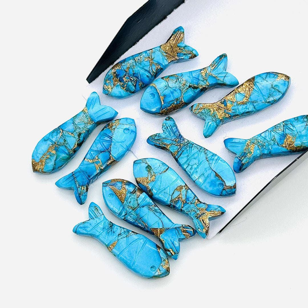 Carved Copper Turquoise Fish Charm: Blue Briolette Bead, 25mm