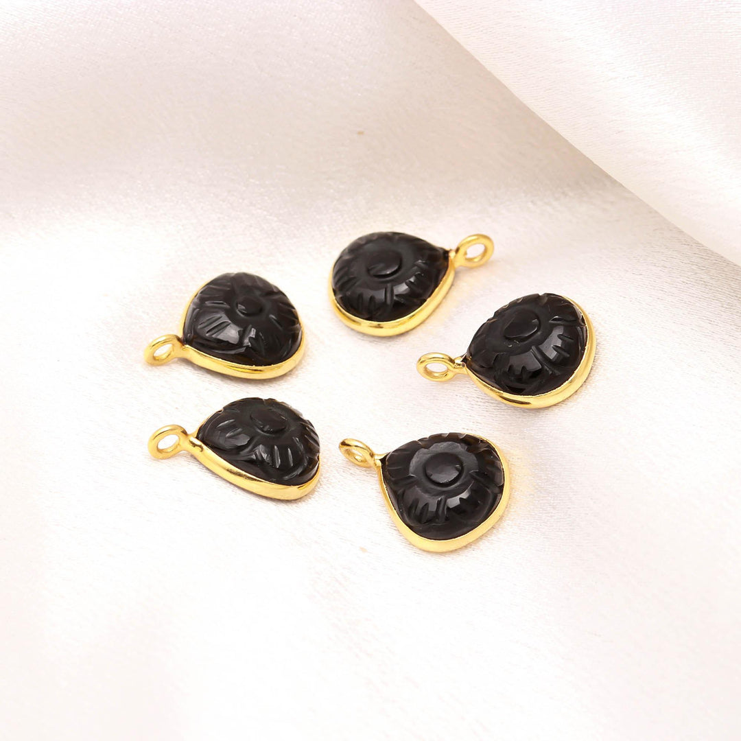 Natural Black Onyx Flower Pendant 12mm, 925 Sterling Silver Gold Plated Heart Shape Charms For Jewelry