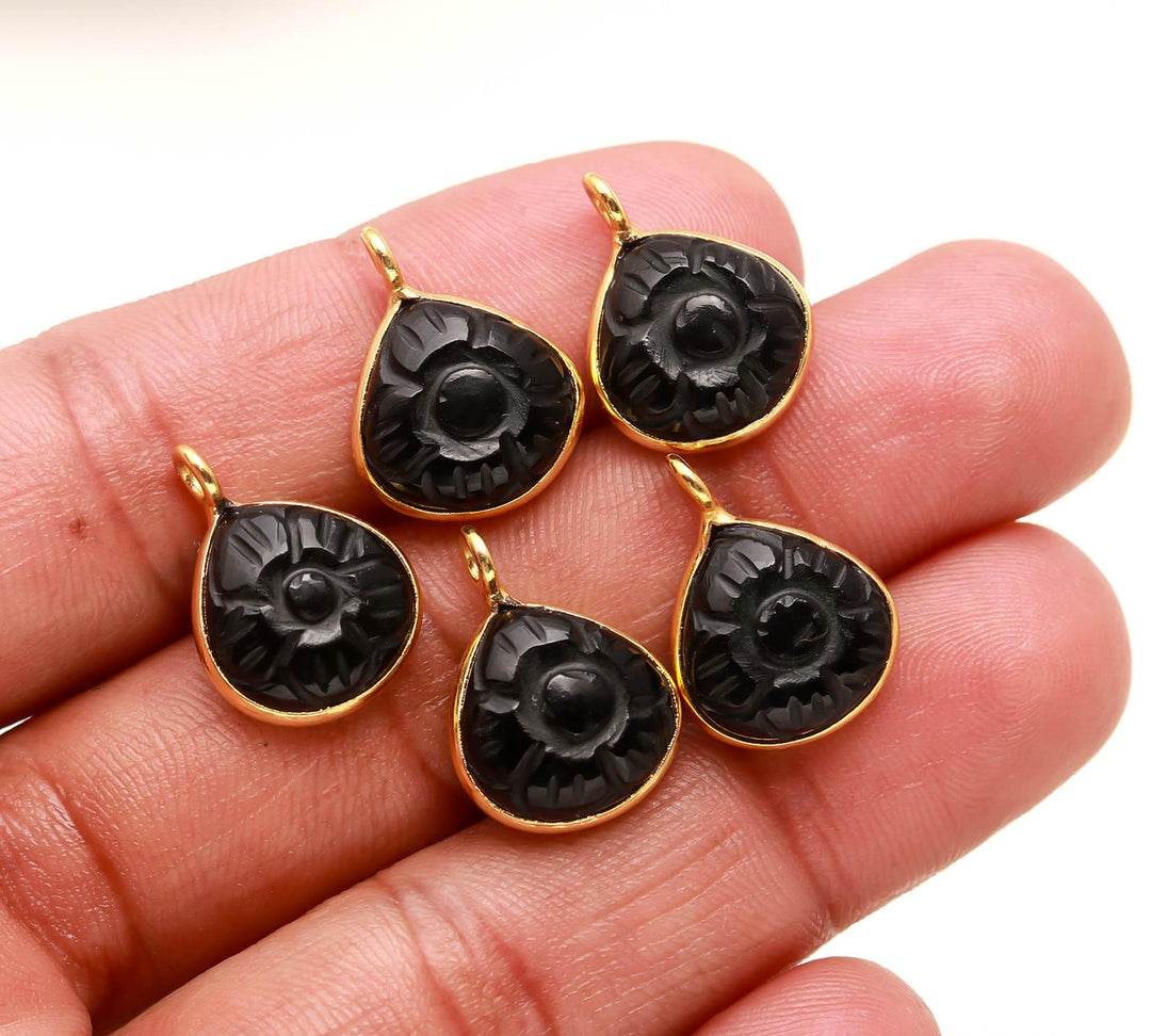Natural Black Onyx Flower Pendant 12mm, 925 Sterling Silver Gold Plated Heart Shape Charms For Jewelry