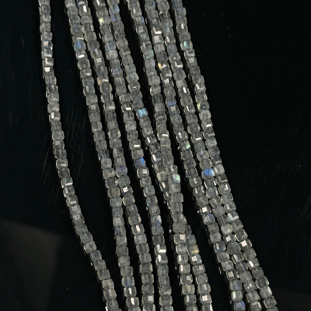 Labradorite Gemstone Beads: 2mm Faceted Cube, Blue Fire, 13 Inch Strand