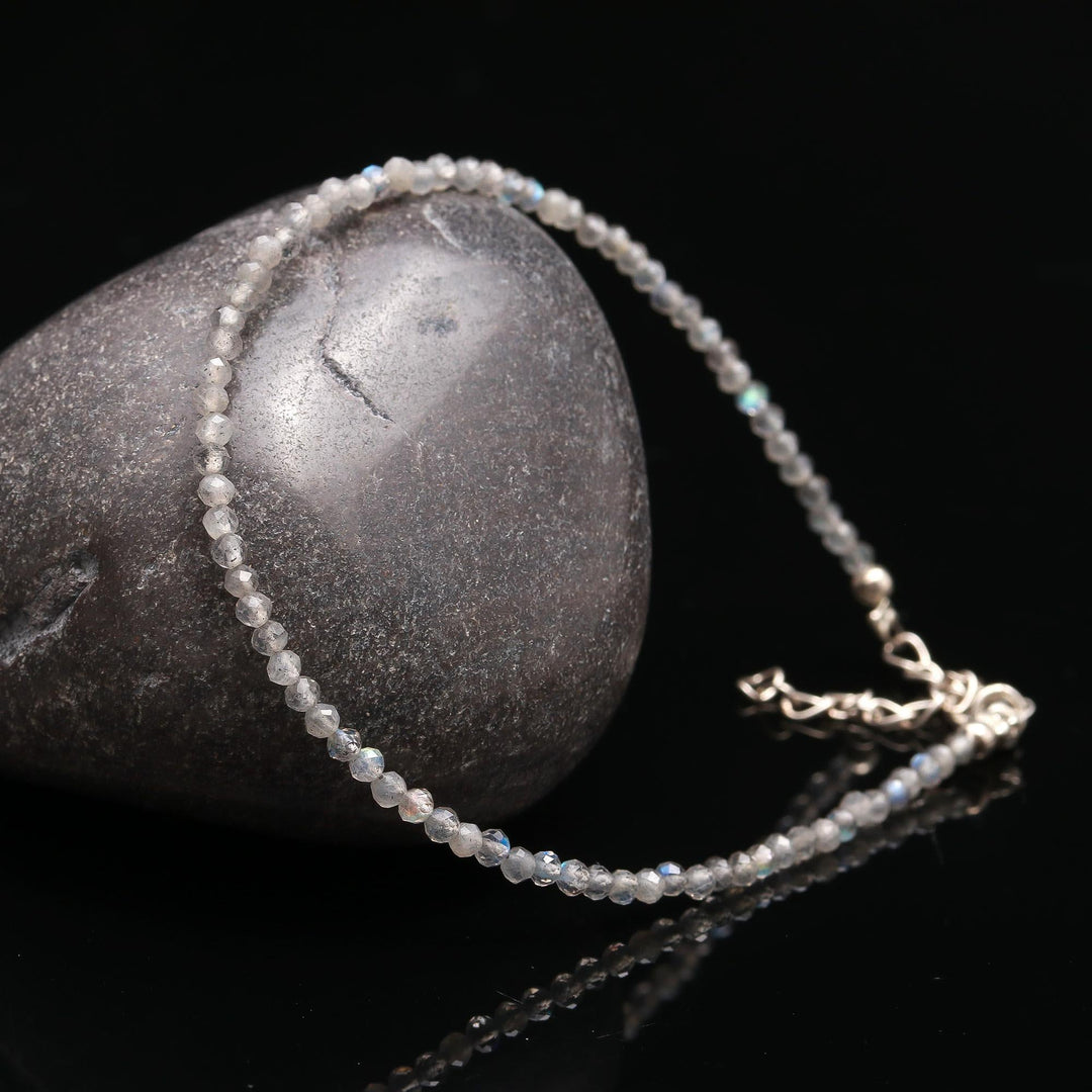 Natural Labradorite Beaded Bracelet, Faceted Labradorite Beads Bracelet, Gemstone Silver Bracelet/Anklet, Yoga & Meditation Bracelet, 2 MM