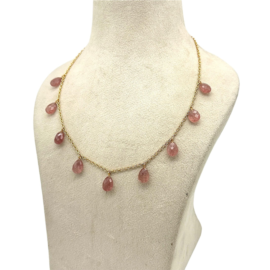 Amazing Pink Strawberry Pear Shape Beads Necklace, Faceted Drop Chain Necklace, Natural Gemstone Chain Jewelry, Necklace For Women's
