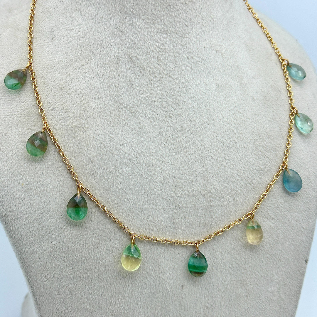 Rainbow Fluorite Pear Shape Beads Necklace, Faceted Drop Chain Necklace, Pear Gemstone Necklace, Women's Gift, Handmade 925 Silver Necklace