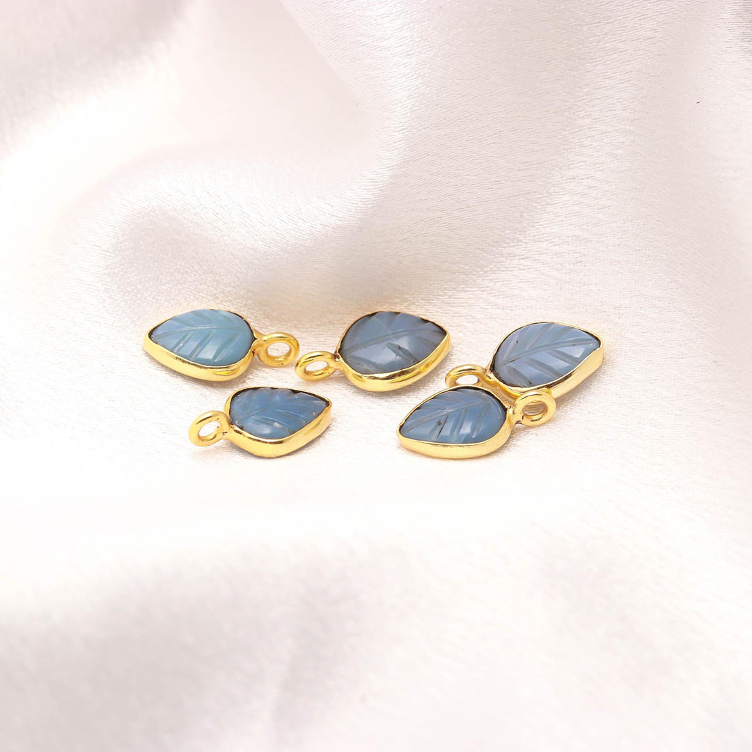 Blue Opal Leaf Shape Pendant 15mm, 925 Sterling Silver Gold Plated Charms For Jewelry