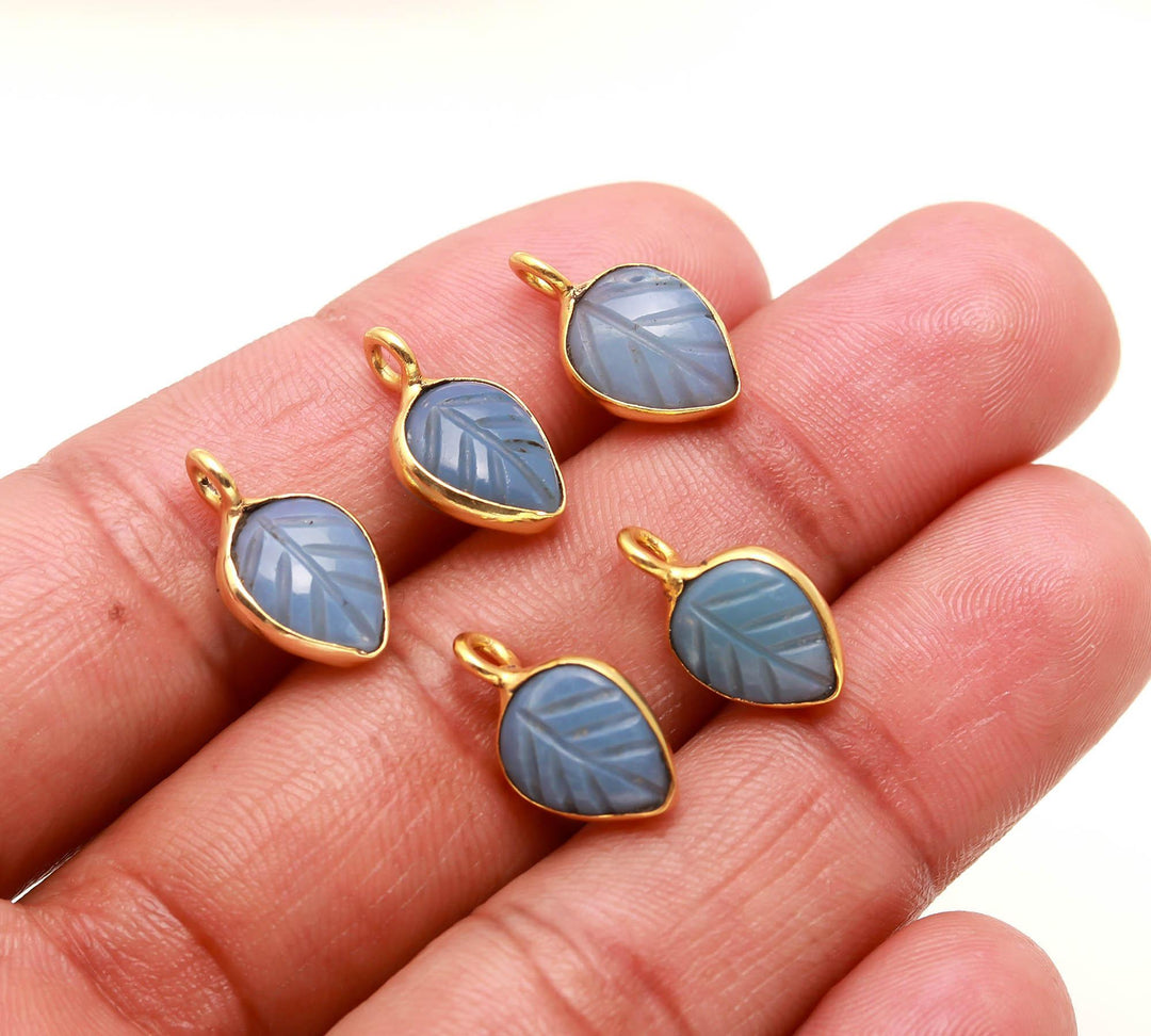 Blue Opal Leaf Shape Pendant 15mm, 925 Sterling Silver Gold Plated Charms For Jewelry