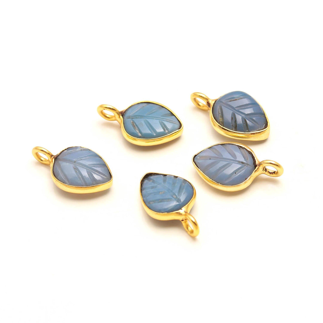 Blue Opal Leaf Shape Pendant 15mm, 925 Sterling Silver Gold Plated Charms For Jewelry