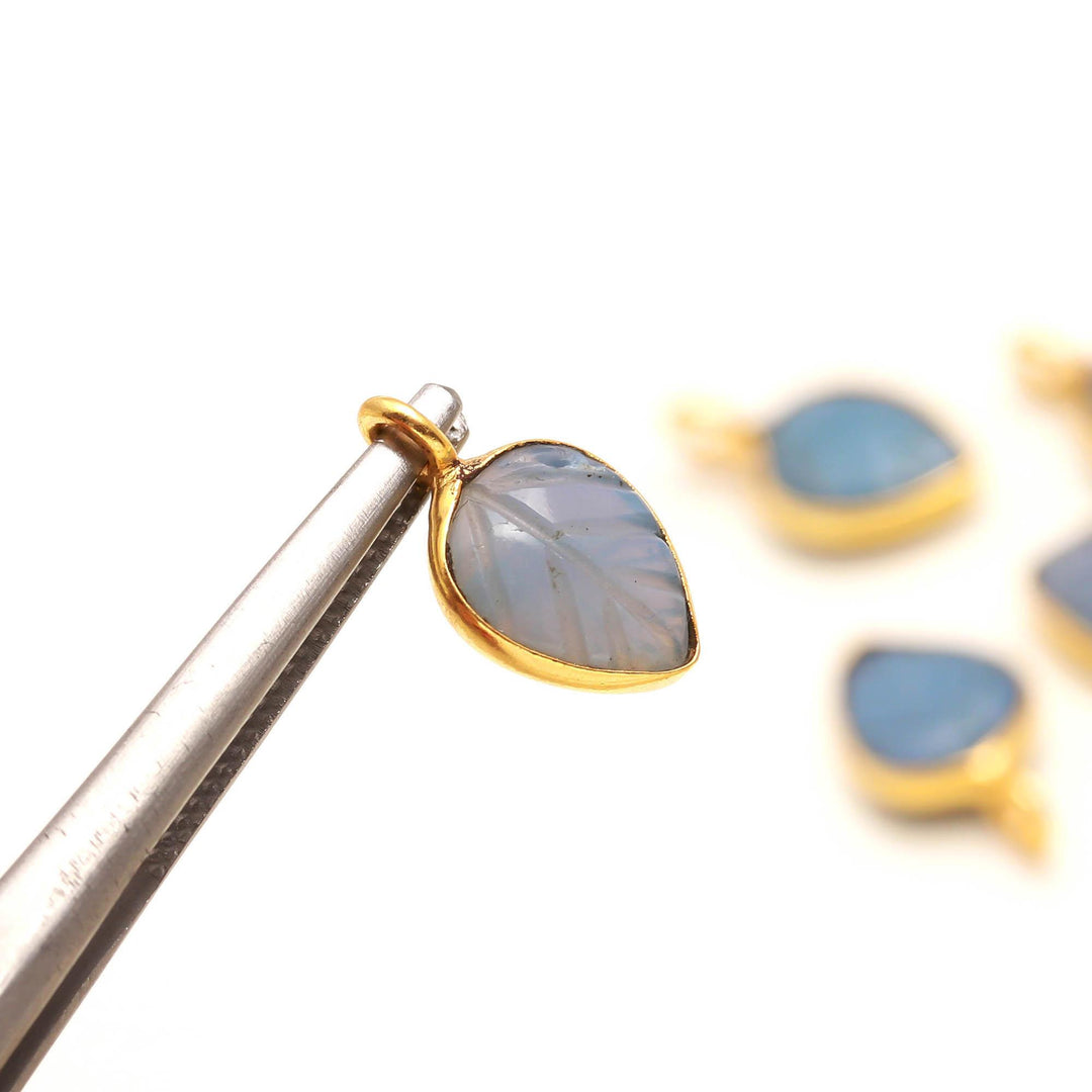 Blue Opal Leaf Shape Pendant 15mm, 925 Sterling Silver Gold Plated Charms For Jewelry