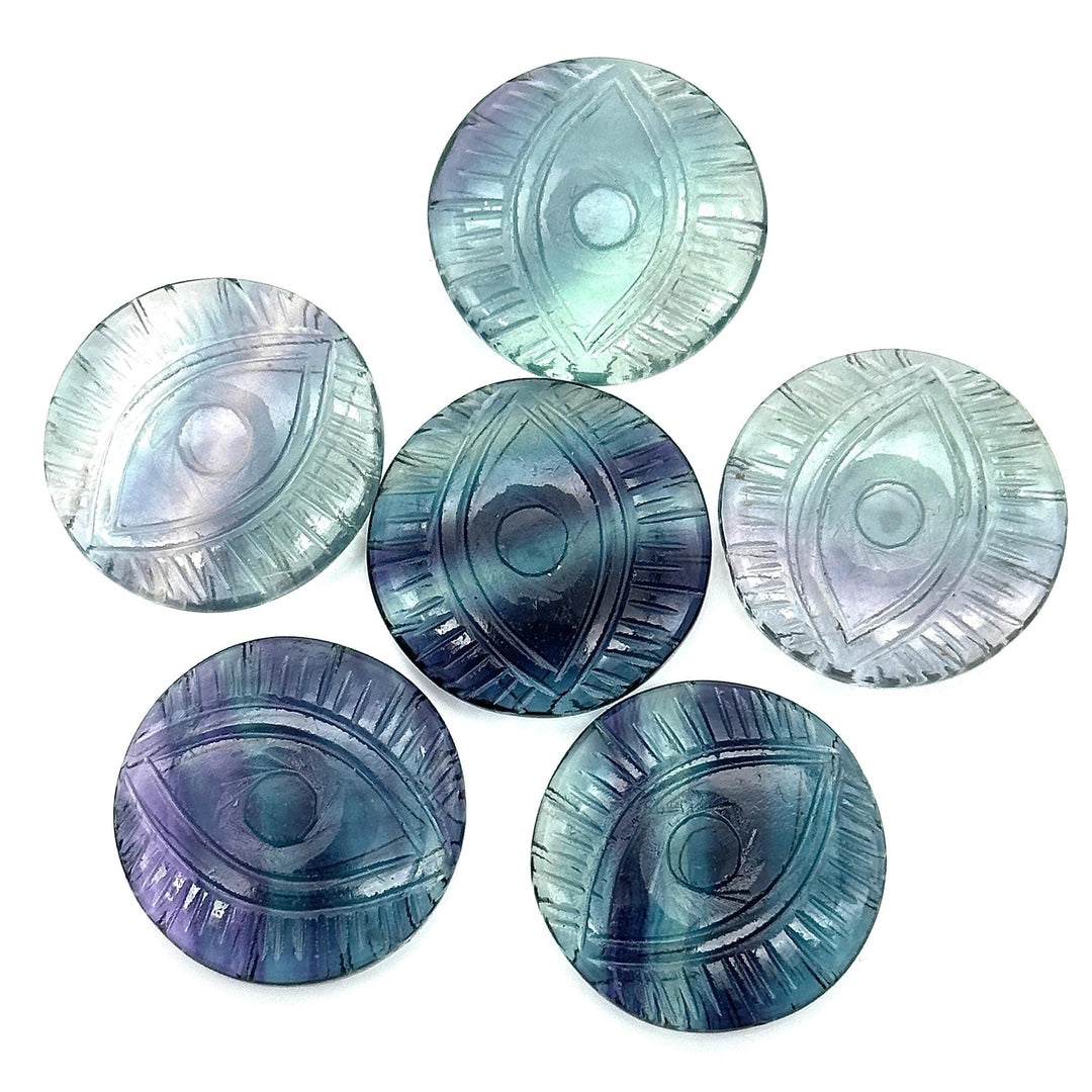 AAA Multi Fluorite Evil Eye Shape Stone, Natural Multi Fluorite Hand Carved Gemstones, 28 MM, Round Evil Eye Carving, Fluorite Charms