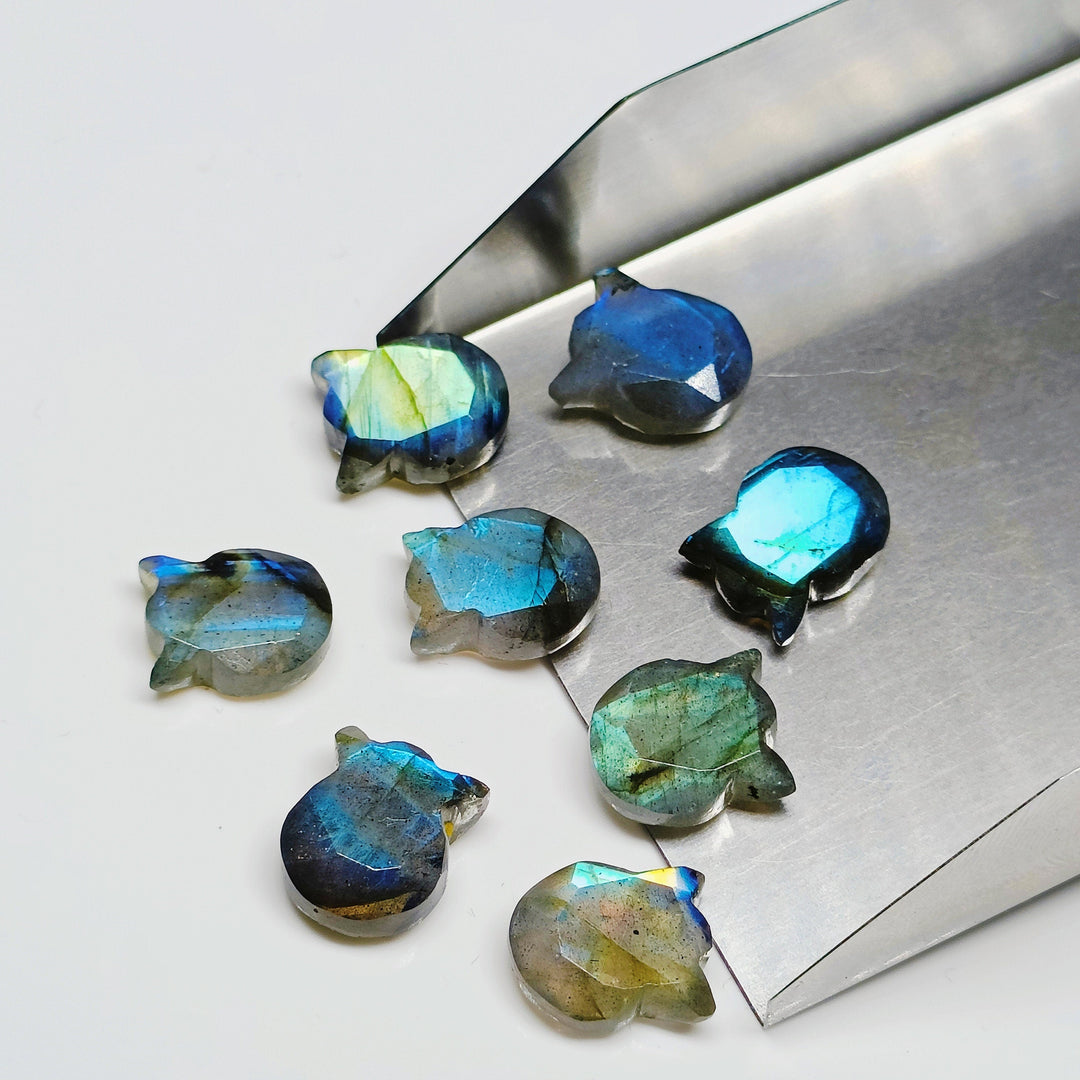 Natural Flashy Labradorite Cat Face Carving, Craft Making Kitty Shape Charms Beads, Faceted Handmade Carved stone Jewelry Making Beads12x10