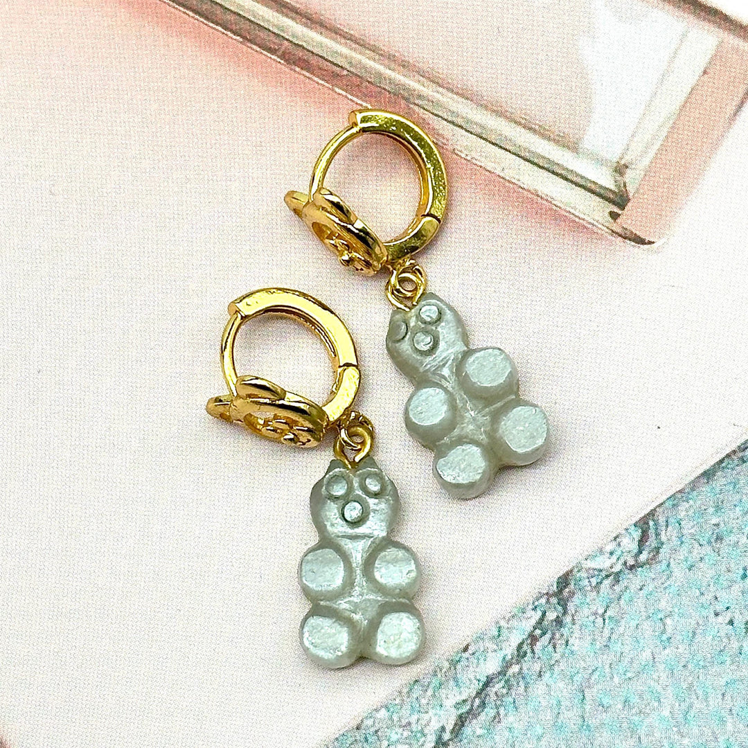 Gummy Bear Earrings, Grey Moonstone Carved Teddy Bear Earrings For Girls, Bridesmaid Gift, Anniversary Gift For Her, Handmade Jewelry