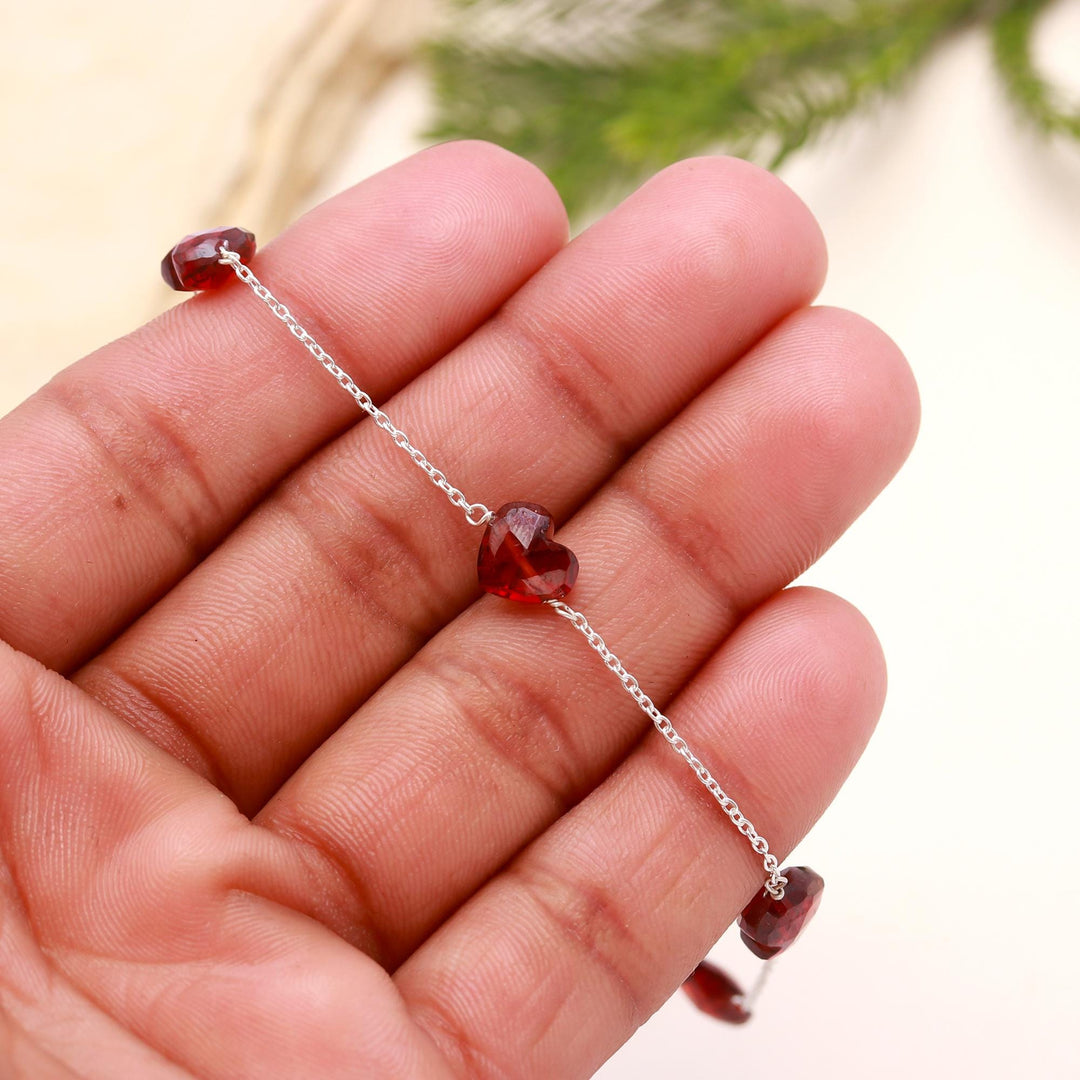 Red Garnet Heart Bracelet, Natural Garnet Faceted Heart Beads Bracelet, January Birthstone Silver Bracelet, Mini Heart Jewelry, Girls Gifts