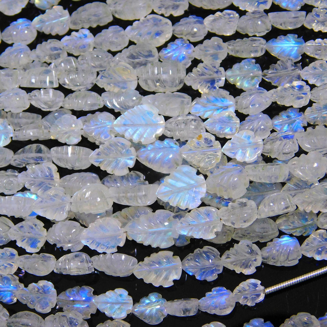 Carved Rainbow Moonstone Leaf Shape Beads, Natural Rainbow Gemstone Flat Back Leaf Beads, Leaf Carving for Jewelry, 6-8 MM, 4-inch Strand