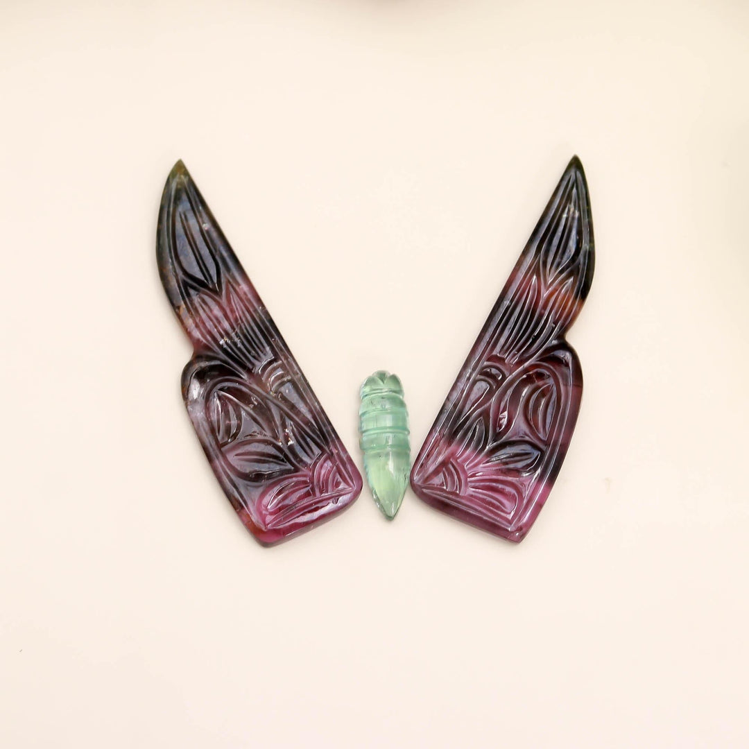 Hand Carved Watermelon Tourmaline Butterfly Cabochon: Gemstone Jewelry Making (39mm, Set of 3
