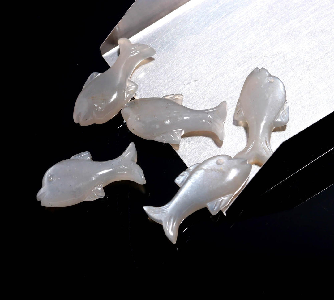 Gray Moonstone Dolphin Shape Carving, Natural Moonstone Fish Shape Beads, Jewelry Making Fish Charms, 28 MM, Loose Sea Carved Stone