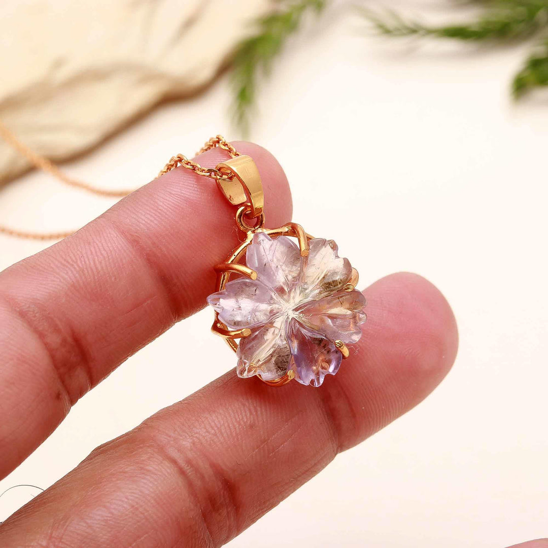 Gorgeous Ametrine Flower Pendant, Natural Ametrine Gemstone Necklace For Her, 19 mm Flower, Birthday Gift For Women, Carved Flower Jewelry