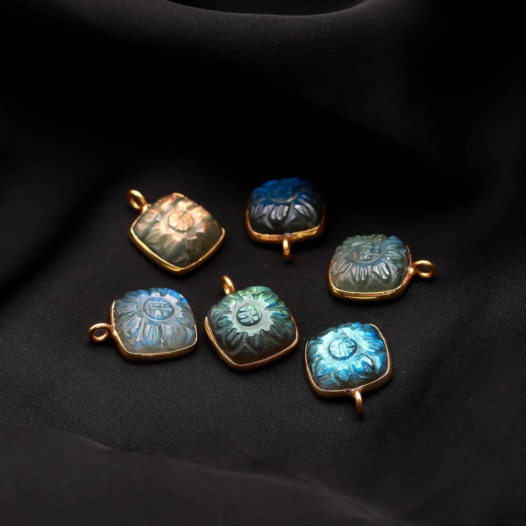 Labradorite Flower Pendant 12mm in Gold Vermeil Silver, Carved Labradorite Flower Pendant in 925 Silver