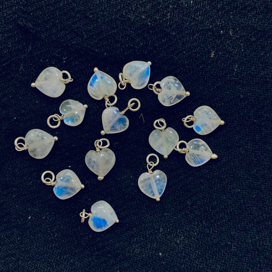 5 pcs Natural Rainbow Moonstone Heart Shape Carved Gemstone Jewellery Making Charm With 925 Silver, Necklace , Earrings Making Charms 10mm