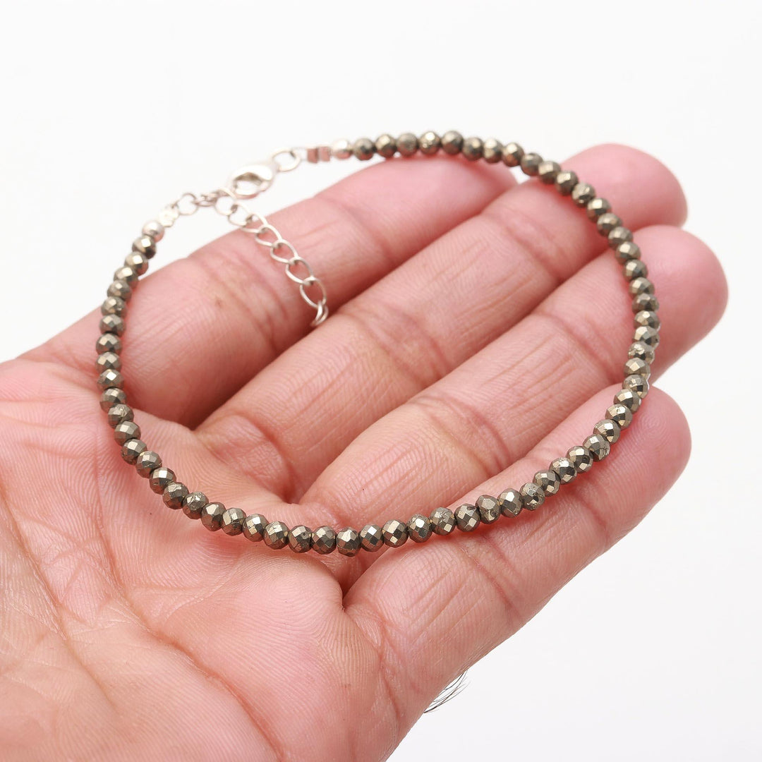 Natural Pyrite Beaded Bracelet, Faceted Pyrite Beads Bracelet, Gemstone Silver Bracelet/Anklet, Yoga/Meditation and Pyrite Bracelet, 3.5 MM