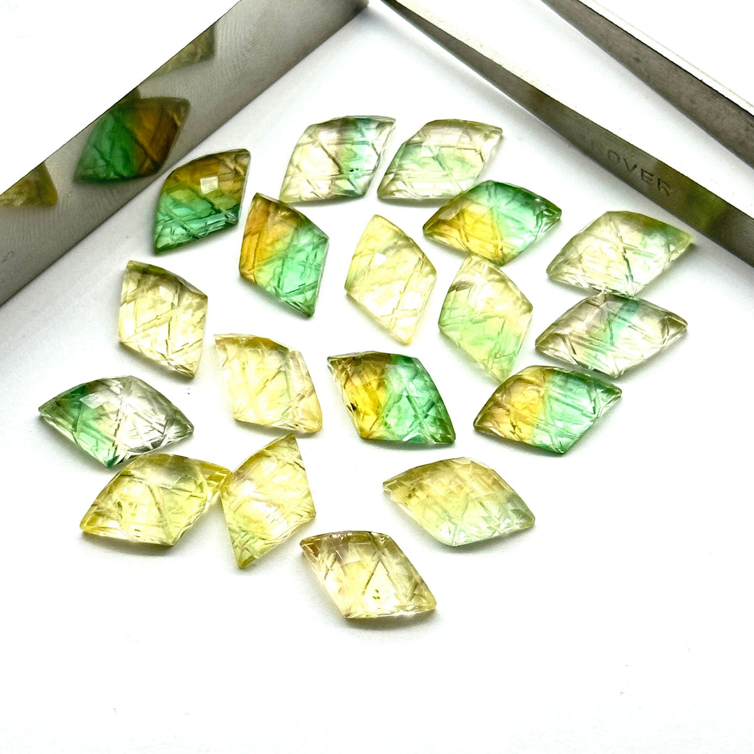 Natural Fluorite Diamond Shape Hand Carved Beads, 16X10 MM Backside Intersections Gemstone, Carved Fluorite, Loose Fancy Beads for Jewelry