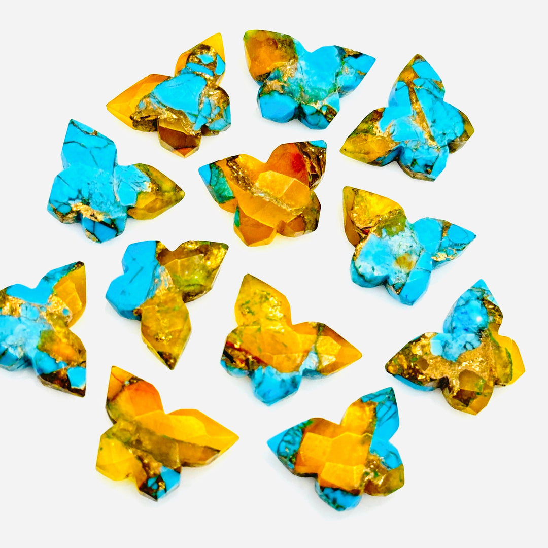 Sparkling Mohave Copper Turquoise Butterfly Shape Carving Beads, Faceted Butterfly Gemstone, Blue & Yellow Turquoise Carving Beads 14x10 MM