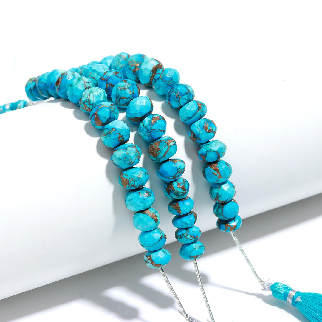 AAA Copper Turquoise Faceted Beads, Blue Copper Turquoise Faceted Rondelle Beads, 9-10 MM Healing Turquoise Beads for Jewelry, Loose Beads