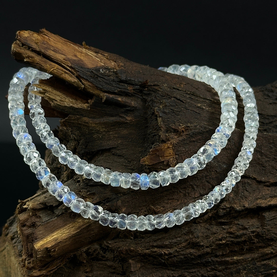 High Quality Rainbow Moonstone Beaded Necklace, Flashy Faceted Rondelle Beads Necklace, 4-6 MM Blue Fire Rainbow Gemstone Silver Necklace