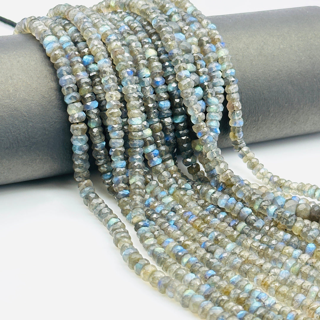 Flashy Labradorite Faceted Rondelle Beads, Natural Blue Fire Labradorite Beads, 4 mm MM Black Rainbow Beads, Wholesale Jewelry Making Beads