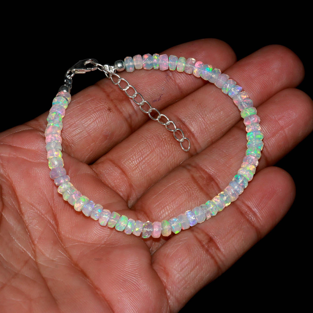 White Ethiopian Opal Beaded Bracelet, Flashy Faceted Rondelle Beads Bracelet, 4-4.5 MM Welo Opal Beads Bracelet For Women, Ethiopian Jewelry