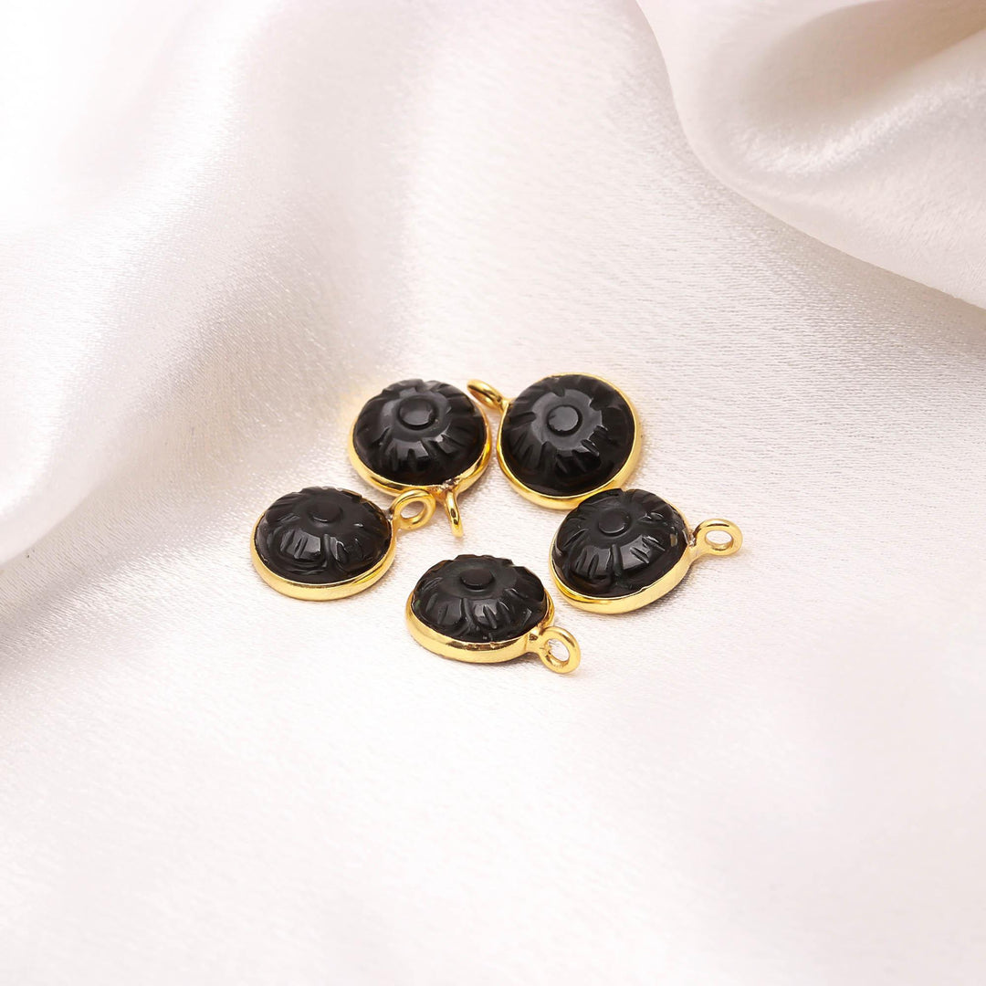 Natural Black Onyx Flower Pendant 11mm, 925 Sterling Silver With Gold Plated Round Shape Black Charms For DIY Jewelry Making