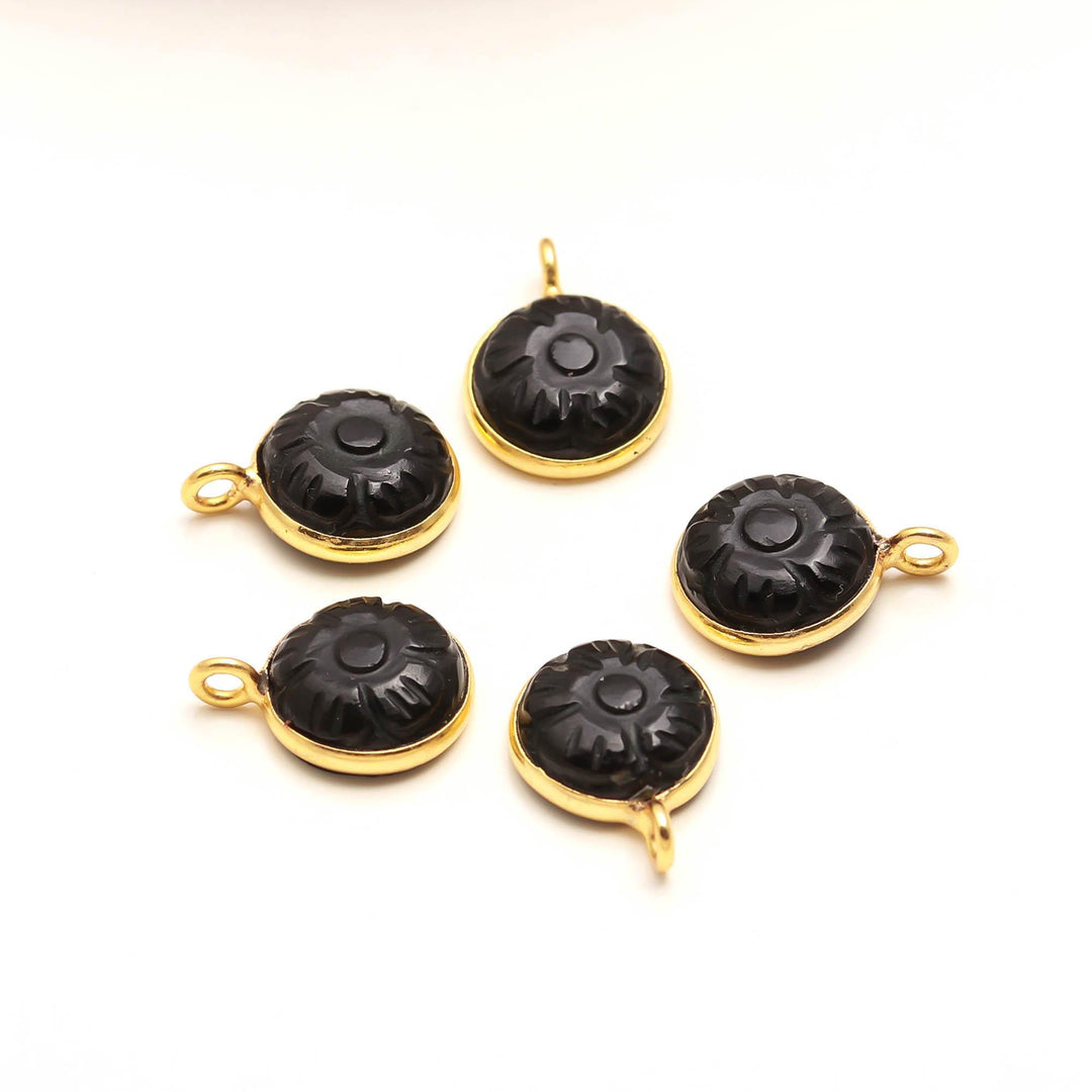 Natural Black Onyx Flower Pendant 11mm, 925 Sterling Silver With Gold Plated Round Shape Black Charms For DIY Jewelry Making