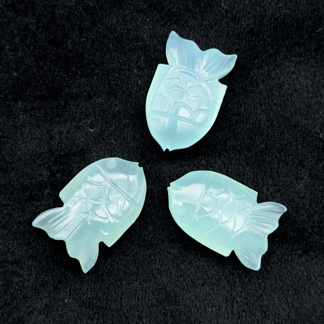 Carved Aqua Chalcedony Fish Gemstone, Natural Aqua Chalcedony Fish, 15X24 MM, Feminine Energy Fish Charm Sky Blue Crystal, Both Side Carved