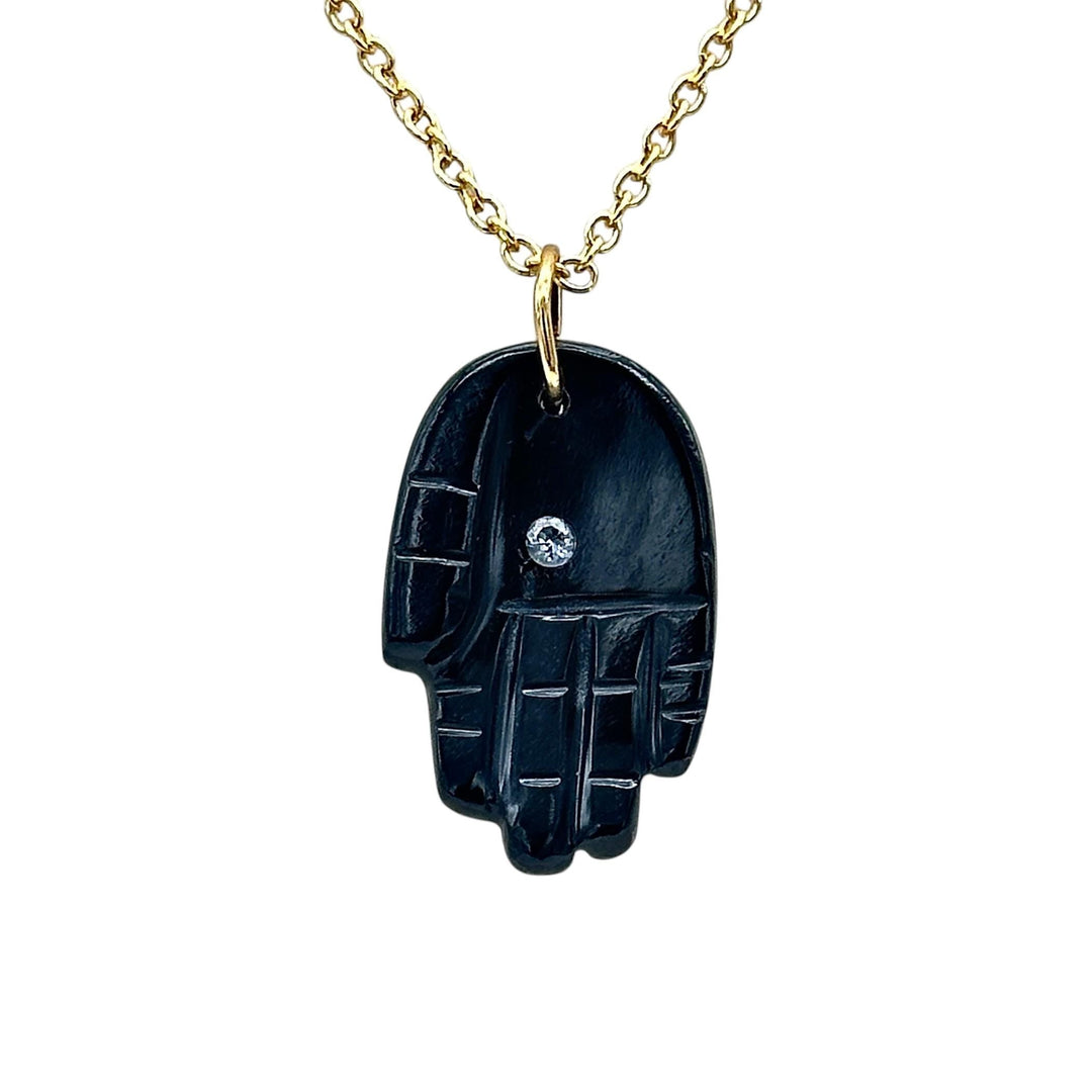Genuine Black Onyx Hamsa Necklace, Gemstone Hamsa Necklace Gift For Her, Reiki Healing Jewelry, Black Charm Protection Necklace 25 MM Hamsa