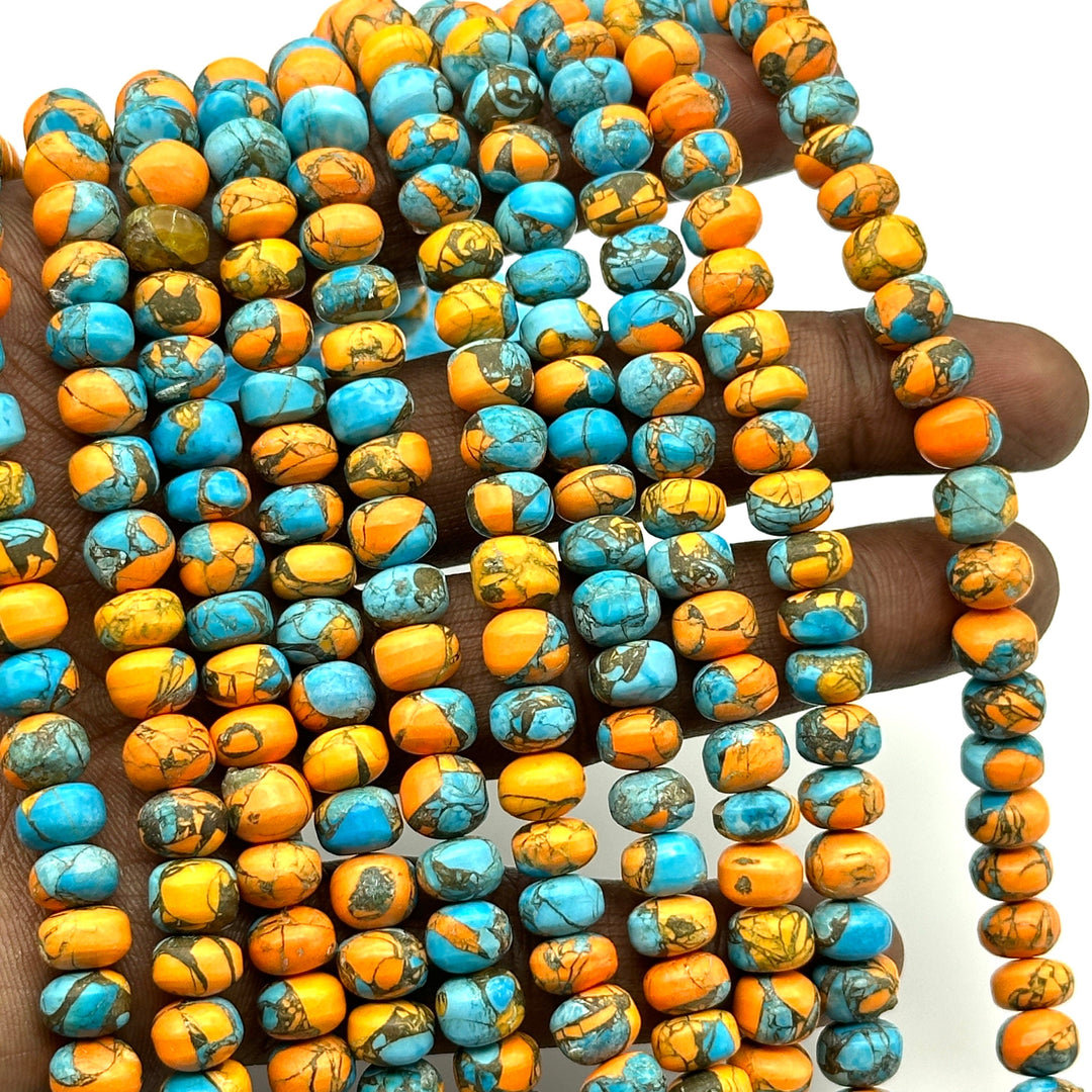 Excellent Quality Oyster Copper Turquoise Beads, Orange & Blue Copper Tuquoise Smooth Rondelle Beads, 8-10 mm, 4 Inch Line, Wholesale Beads