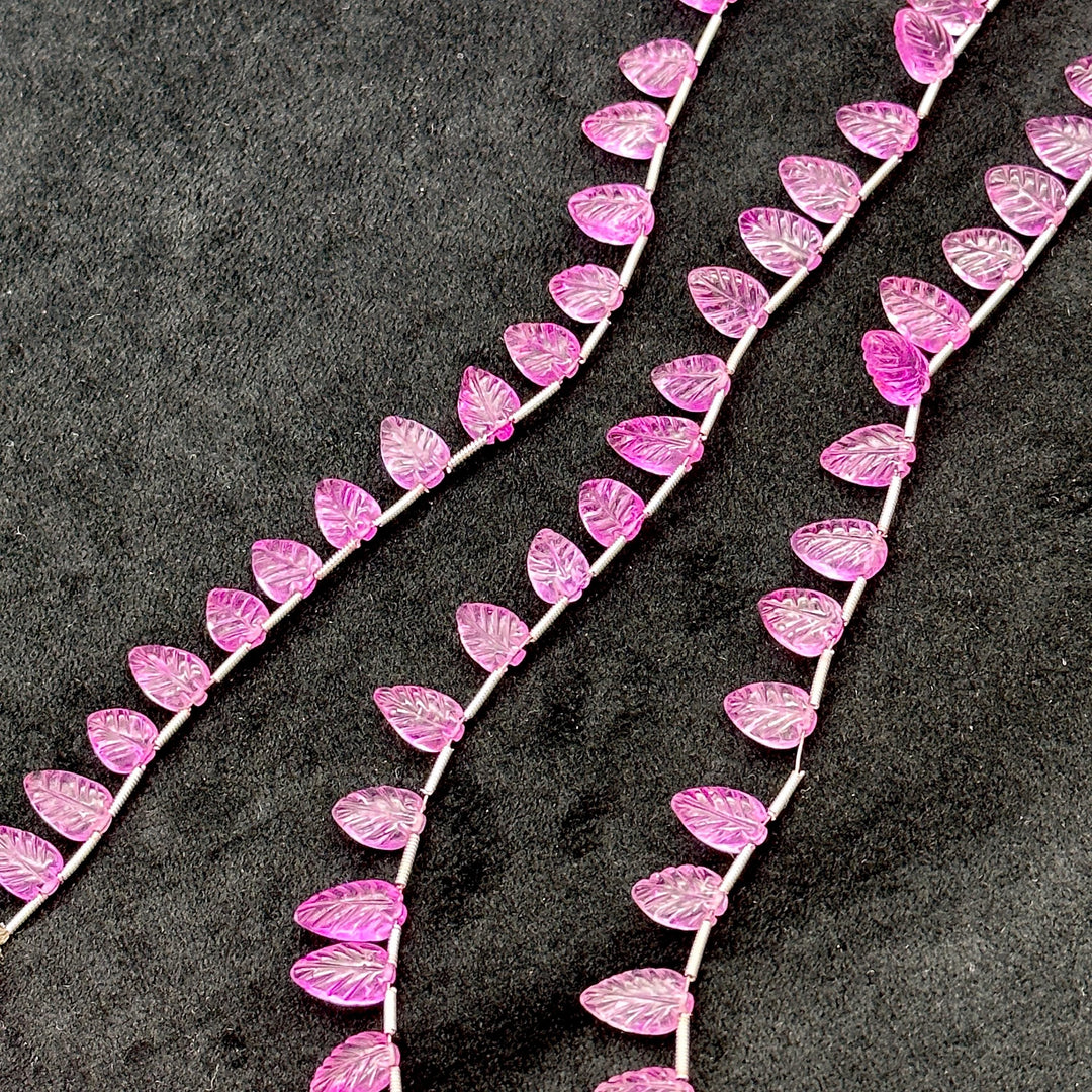 Pretty Pink Topaz Coated Leaf Shape Beads, Pink Died Carved Leaf Briolette's, Hand Carved Beads For Jewelry 8-11 mm, 8" Strand Loose Beads
