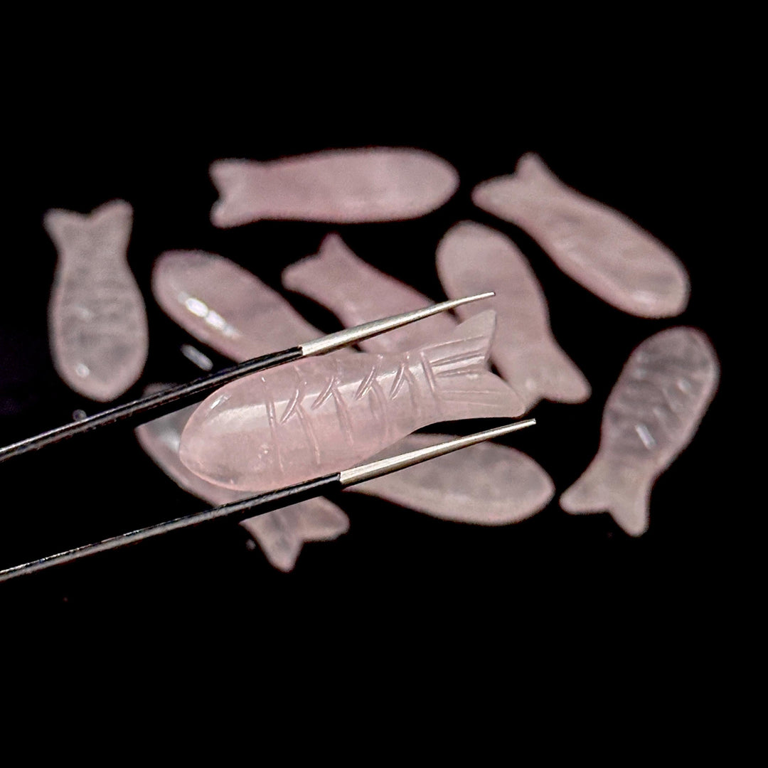 Natural Rose Quartz Handmade Fish Carving Beads, Pink Rose Quartz Healing Fish Shape Gemstones, 10X30 MM, Fish Charms For Jewelry Making
