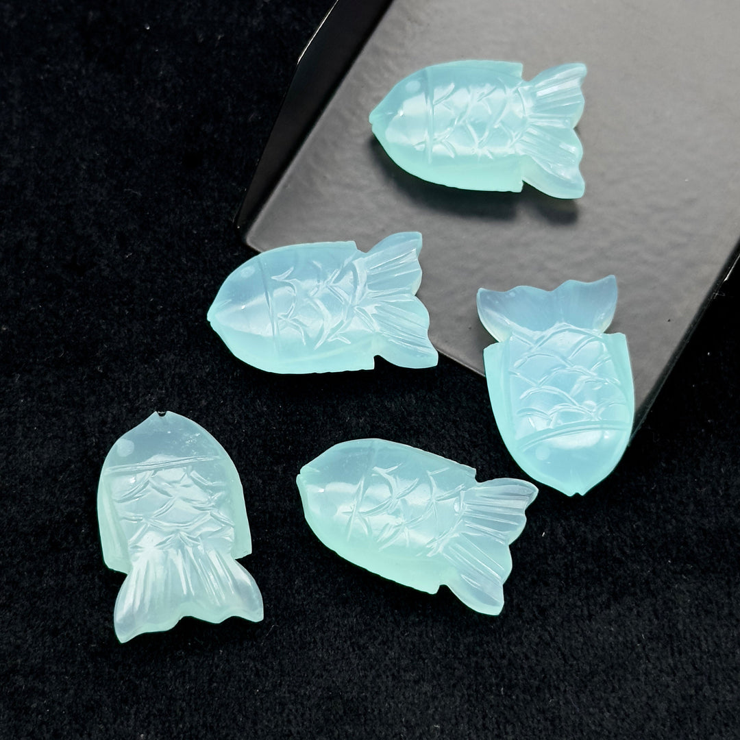 Carved Aqua Chalcedony Fish Gemstone, Natural Aqua Chalcedony Fish, 15X24 MM, Feminine Energy Fish Charm Sky Blue Crystal, Both Side Carved