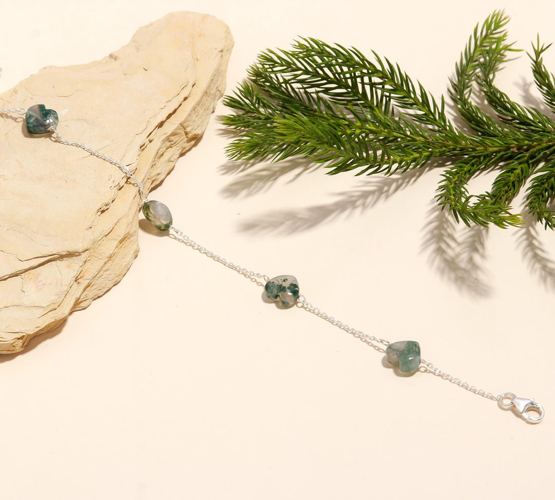 Natural Moss Agate Heart Beads Bracelet, Tree Agate Shape Heart Beads Bracelet, Girl's Gift Chain Bracelet, 925 Silver Gift for Her