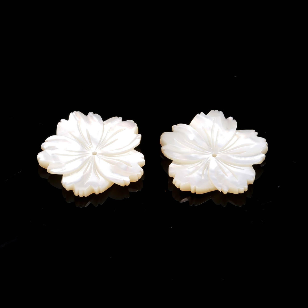 1 Pc White Mother of Pearl Flower Shape Carving, White Luster Pearl Flower Shape Gemstone for Jewelry Making, 30 MM, Center Drill Beads