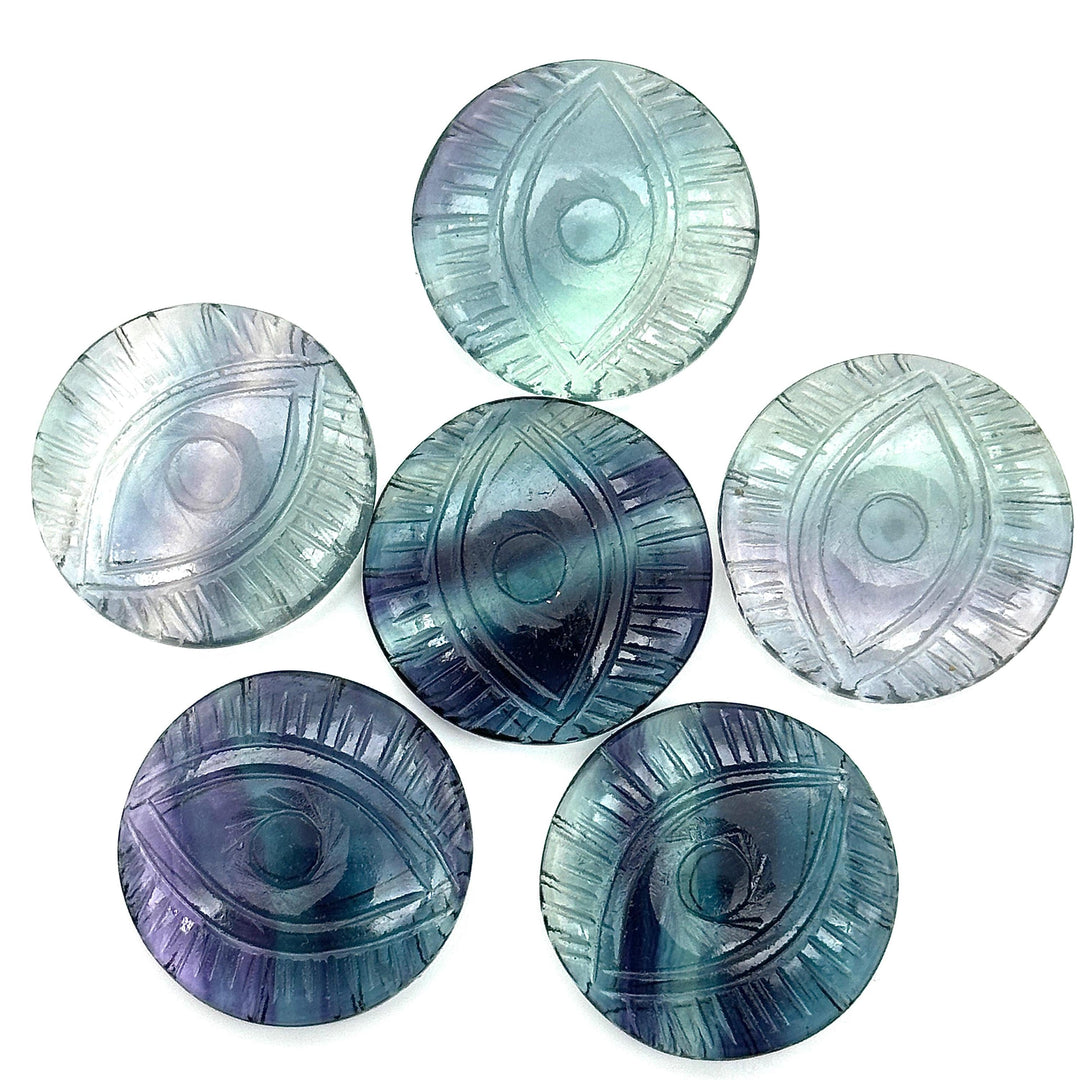 AAA Multi Fluorite Evil Eye Shape Stone, Natural Multi Fluorite Hand Carved Gemstones, 28 MM, Round Evil Eye Carving, Fluorite Charms
