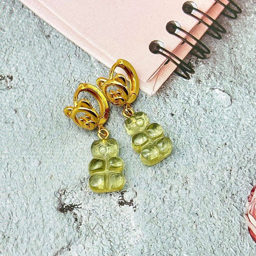 Cute Teddy Bear Earrings, Lemon Quartz Carved Gummy Bear Earrings For Girls, Bridesmaid Gift, Anniversary Gift For Her, Handmade Jewelry