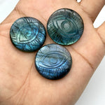 Load image into Gallery viewer, Natural Labradorite Evil Eye Shape Gemstone, Flashy Labradorite Hand Carved Stone Beads For Jewelry Making, 28 MM, Round Evil Eye Carving
